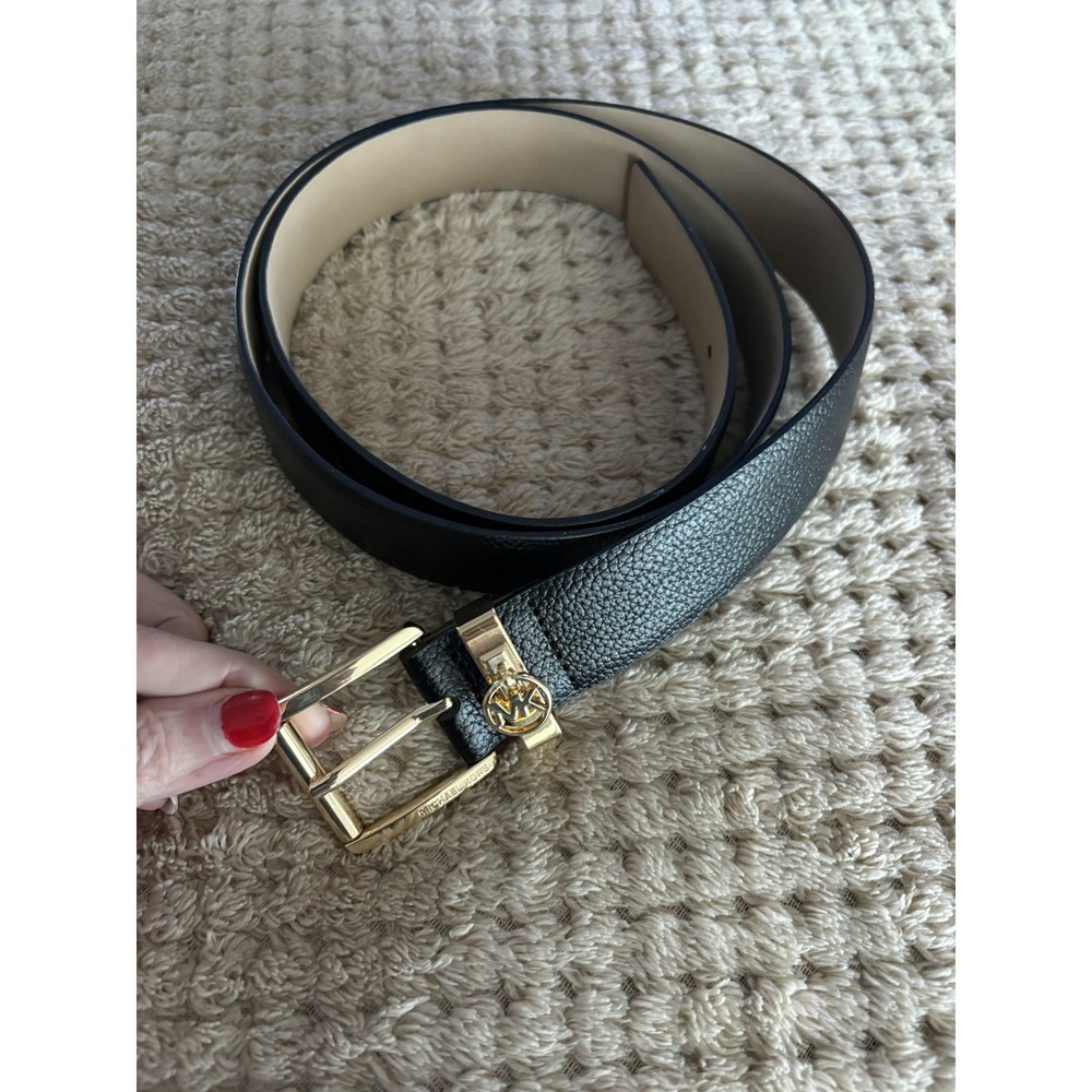 MICHAEL KORS black leather belt 5563423 gold-tone buckle Hanging MK LOGO  LG/XL